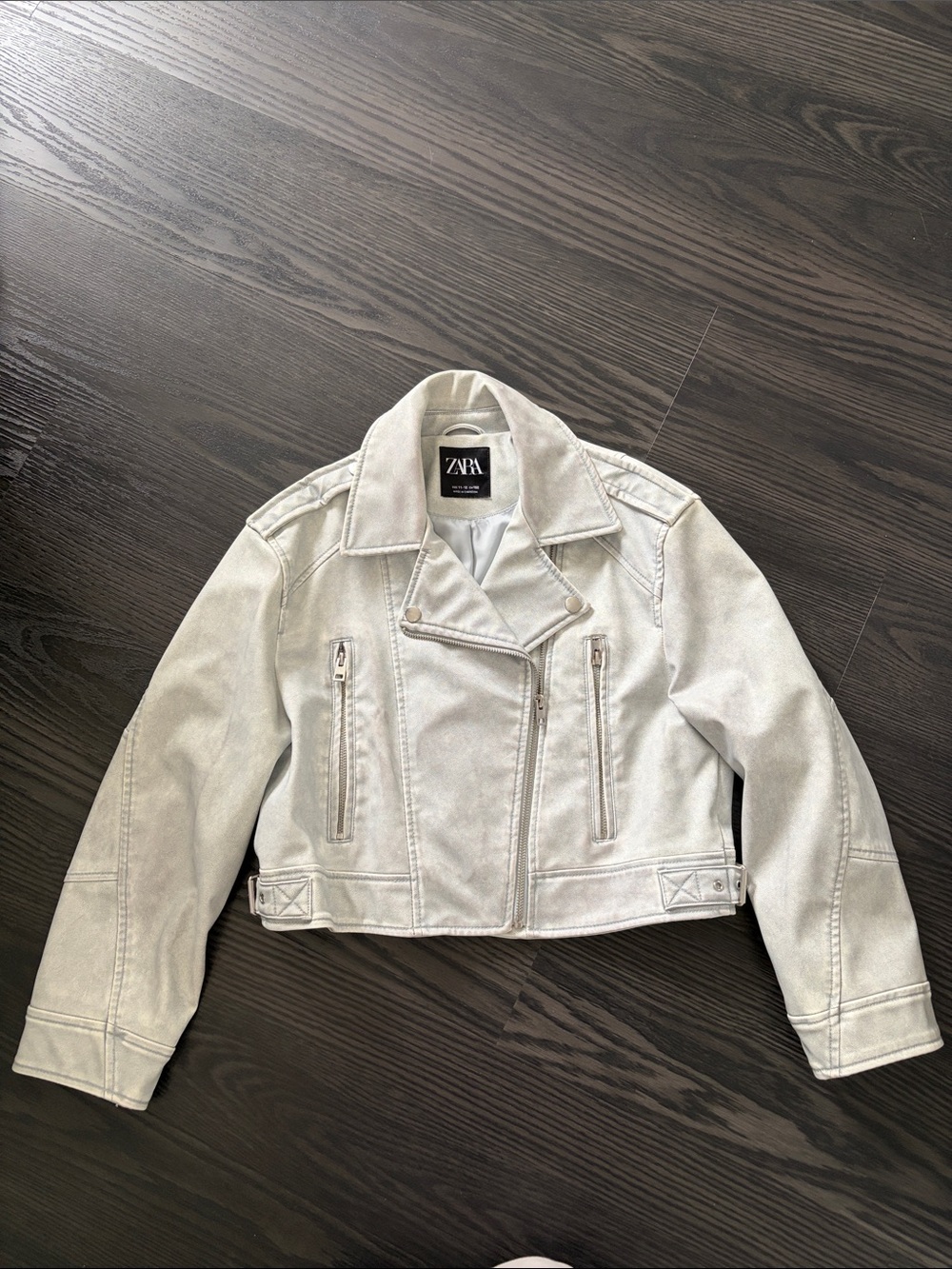 Zara Light Gray Cropped Moto Leather Jacket